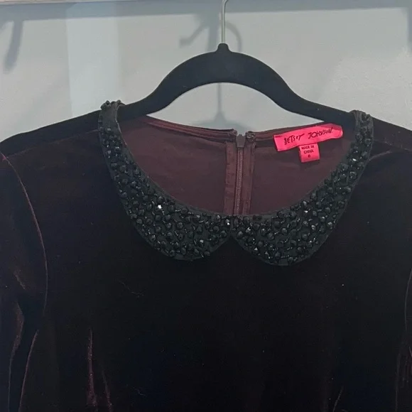 Betsey Johnson Burgundy Velvet Dress with Black Collar - Picture 3 of 3